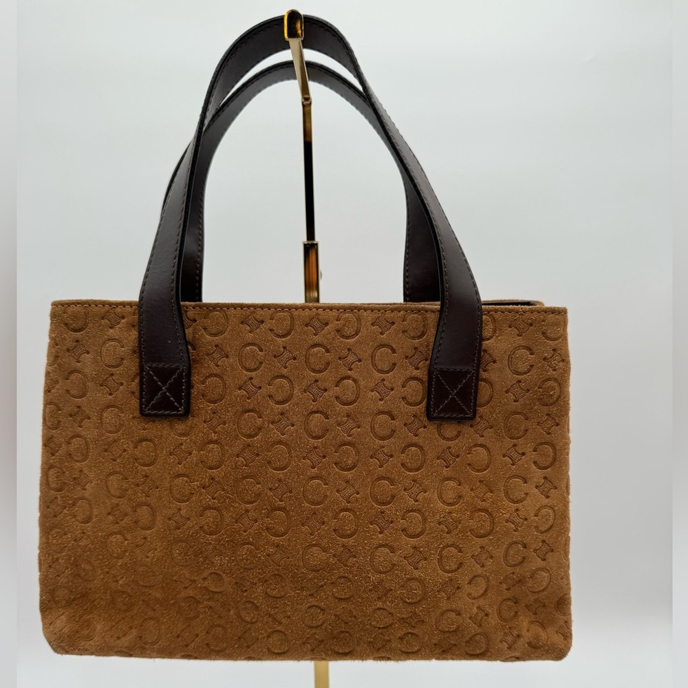 Celine-Authentic-Vintage- Suede Mini Monogram Bag Camel